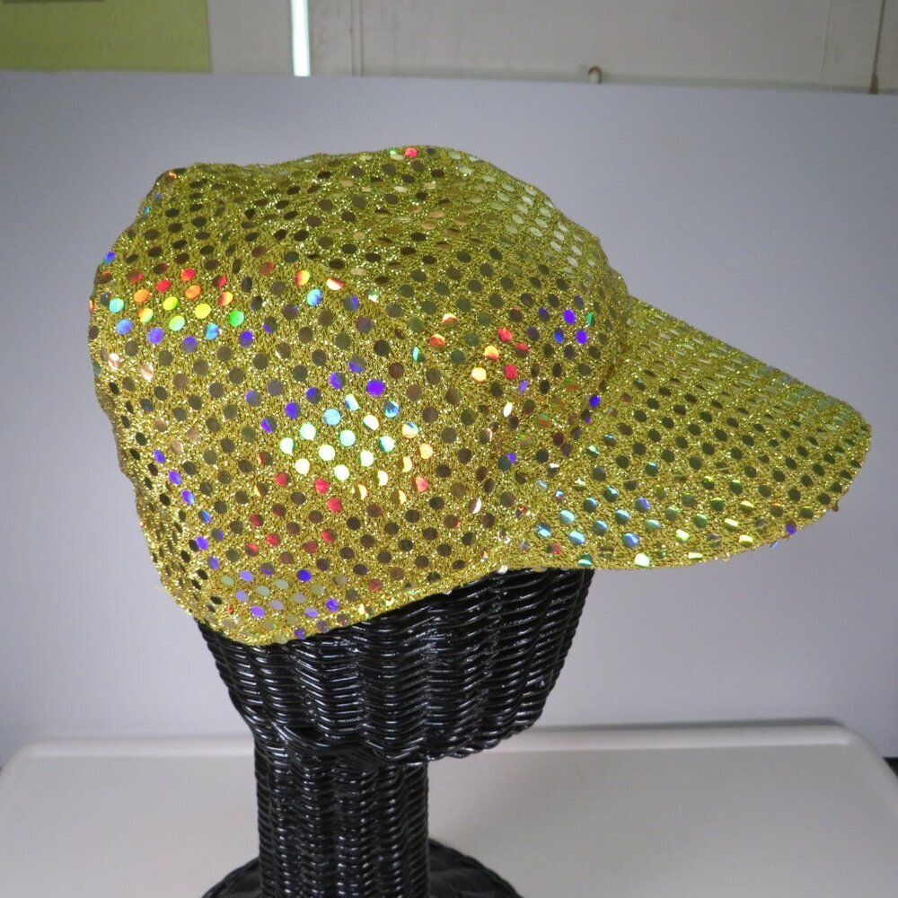 Sparkly Gold Ball Cap Hat Sequins Fabric Holographic 1980s